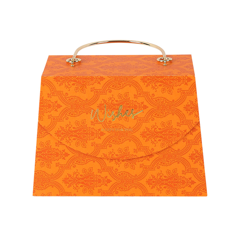 Elegant Orange Cardboard Carry Gift Box with Metal Handle