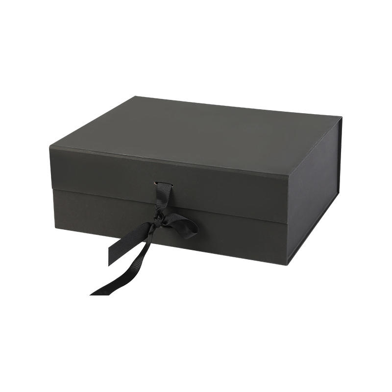 Glossy Black Magnetic Gift Packaging Box with Ribbon